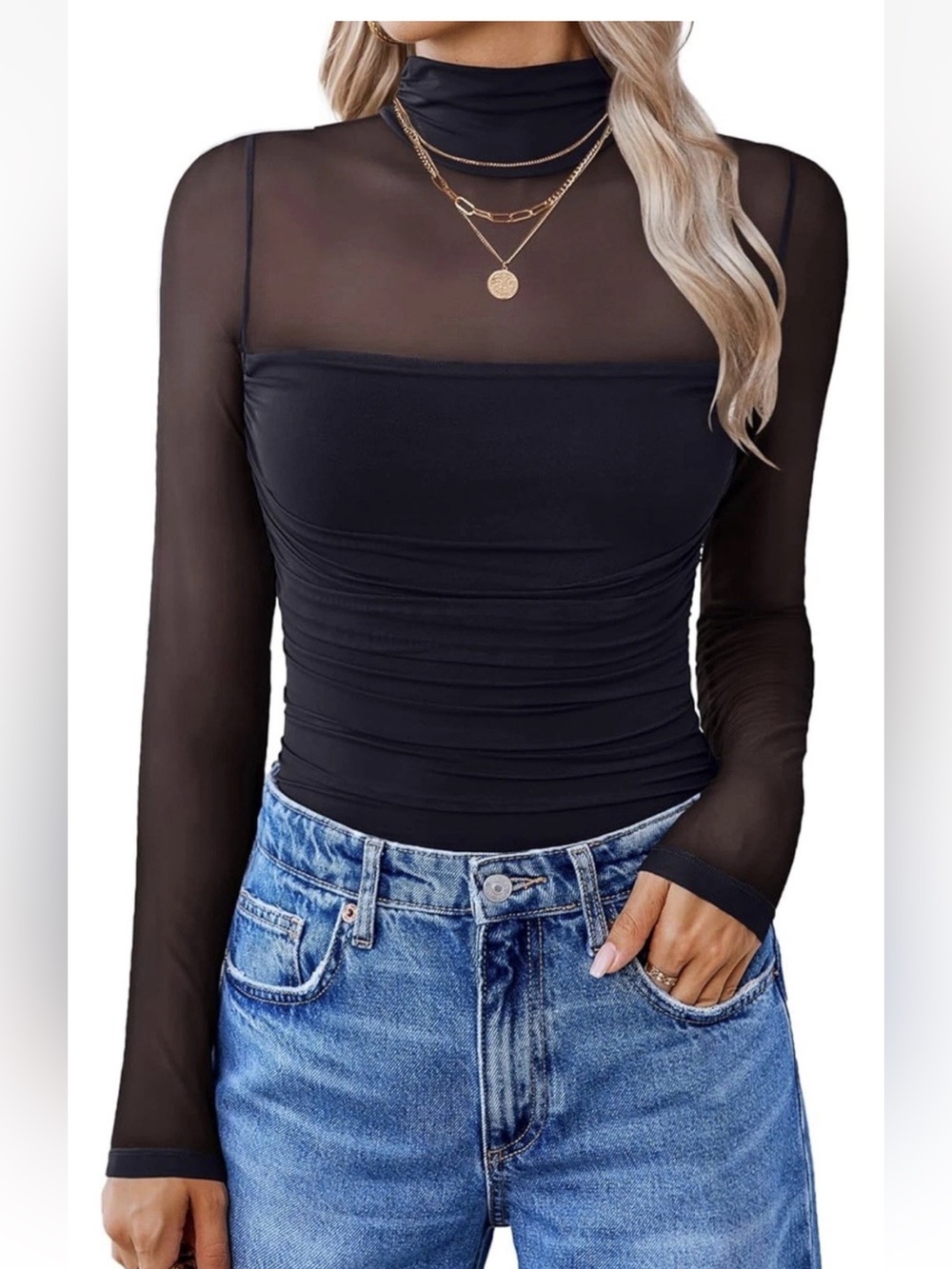 Women's Black Sheer Mesh Long-Sleeve Bodysuit - Classic Layering Piece